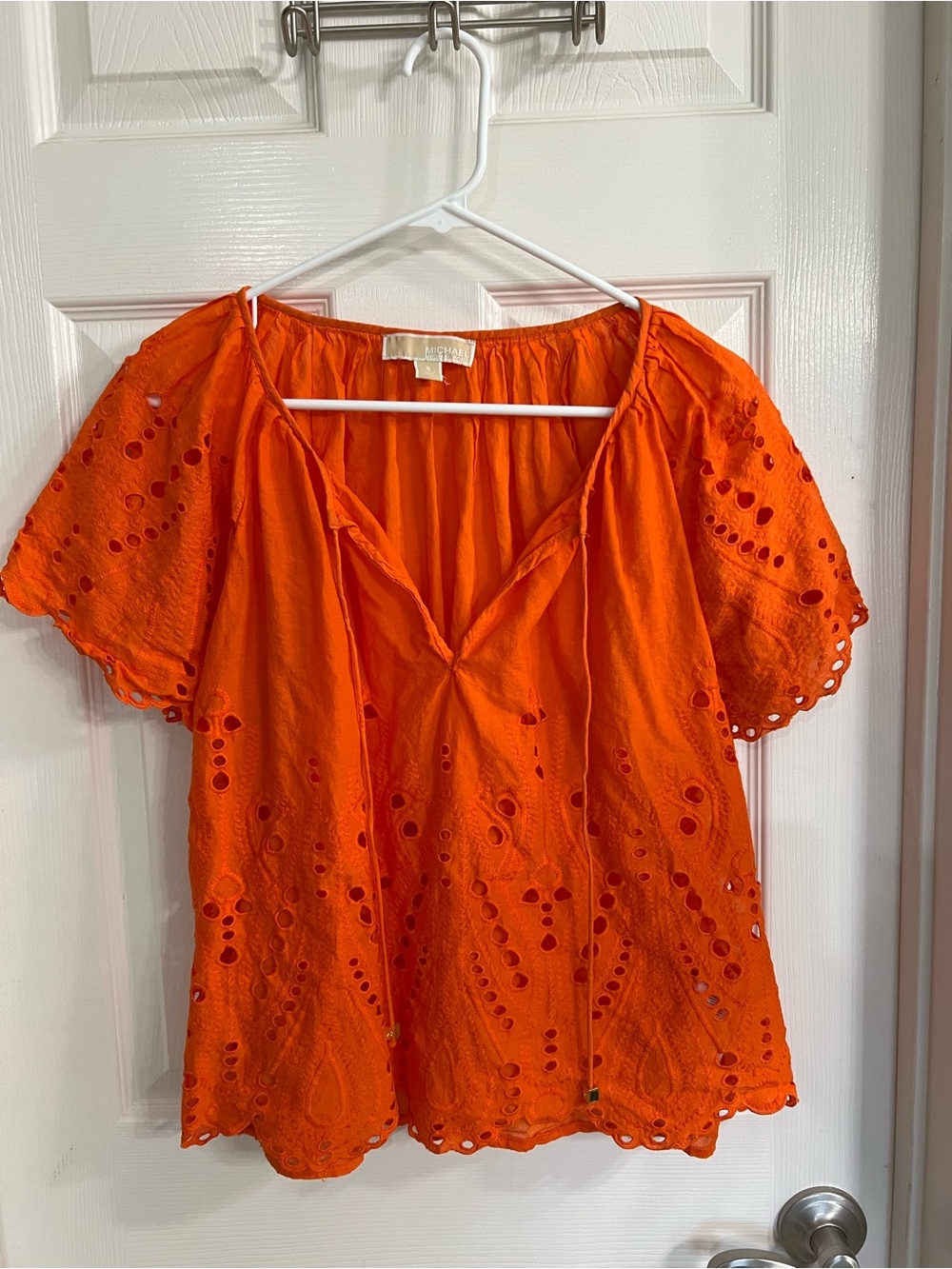 Michael Kors Bright Orange Eyelet Peasant Blouse